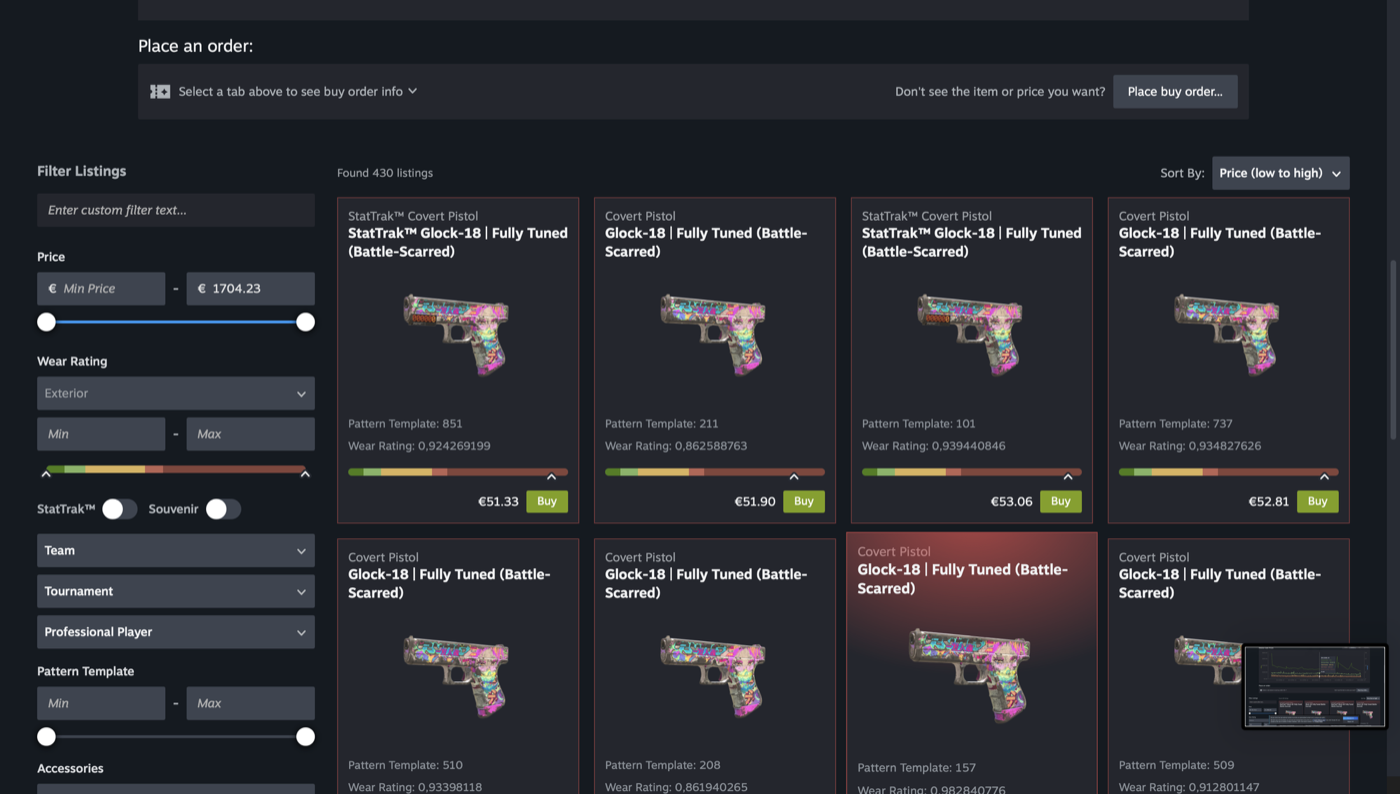 Steam Community Market 2026 listings grid showing Glock-18 Fully Tuned variants with Pattern Template numbers, Wear Rating values, and the new advanced filter sidebar (Price, Wear Rating, StatTrak, Souvenir, Team, Tournament, Pattern Template range, Accessories)